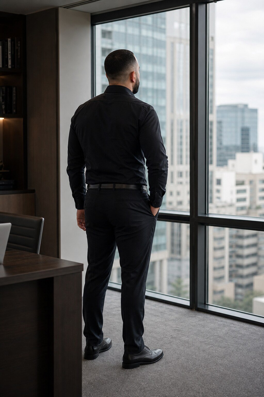 Lucas Amorim observando a cidade pela janela do escritório