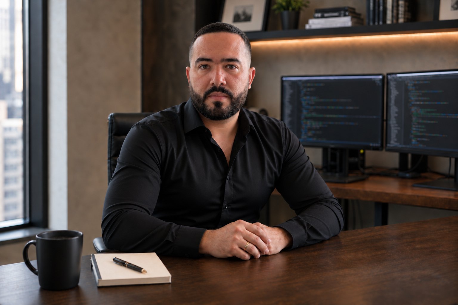 Lucas Amorim diante de sua estação de desenvolvimento